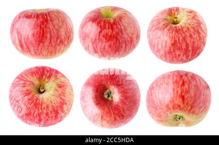 Pommes rouges isolées. Collection de fruits de pomme rayés rouges entiers à différents angles isolés sur fond blanc Banque D'Images