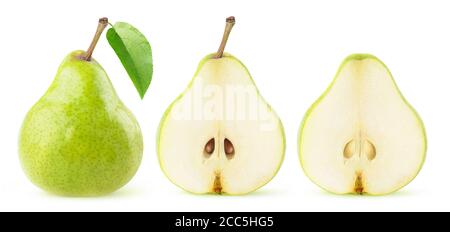 Poire bartlett verte entière avec demi-feuille et poire ligne isolée sur fond blanc Banque D'Images