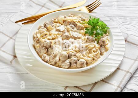Gros plan de la sauce crémeuse aux champignons, des champignons sautés de sauce à la crème aigre servis dans un bol blanc, sur une table en bois, horizont Banque D'Images