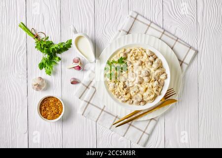 Sauce crémeuse aux champignons à l'ail, champignons sautés dans une sauce à la crème aigre, servis dans un bol blanc sur une table en bois avec des ingrédients, vue horizontale de Banque D'Images