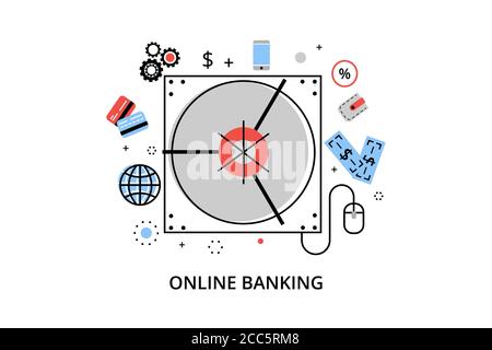 Illustration vectorielle moderne à lignes fines plates, concept graphique des opérations bancaires en ligne, opérations monétaires sur Internet et translations de paiements, pour graphi Illustration de Vecteur