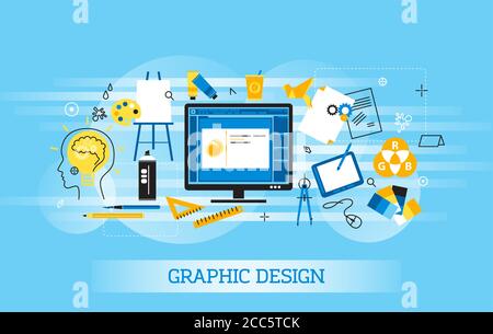 Illustration vectorielle moderne à lignes fines plates, concept graphique de conception graphique, éléments et outils de conception, et processus de développement de conception, pour Illustration de Vecteur