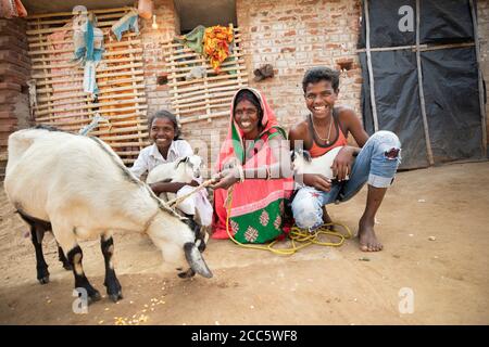 Une famille dirigée par une mère célibataire s'assoit à l'extérieur de leur maison à Bihar, en Inde, avec trois de leurs chèvres. Banque D'Images