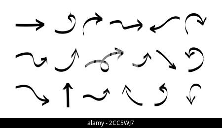 Flèches vectorielles dessinées à la main. Ensemble de flèches de direction différentes plates noires Illustration de Vecteur