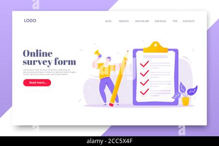 Enquête en ligne de forme de concept d'affaires avec une personne minuscule avec le mégaphone. Illustration de Vecteur