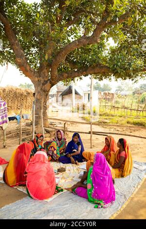 Les femmes épargnent et prêtent entre elles dans un village d'épargne et de prêt de micro-finance groupe bancaire dans le Bihar rural, Inde, Asie du Sud-est. Banque D'Images