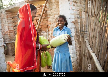 Une femme et sa fille portent des gourdes et des légumes fraîchement récoltés de leur jardin dans un village rural de Bihar, Inde, Asie du Sud. Banque D'Images