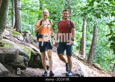 Jeunes couples en randonnée dans la forêt du Palatinat (Pälzerwald), Allemagne Banque D'Images