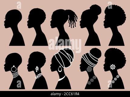 Beauté noire, femmes africaines, silhouettes de profil, ensemble d'illustrations vectorielles Illustration de Vecteur