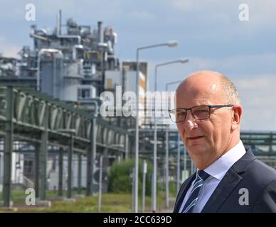 19 août 2020, Brandebourg, Schwarzheide: Dietmar Woidke (SPD), Ministre Président de l'Etat de Brandebourg, est sur les lieux de BASF Schwarzheide GmbH. BASF reçoit environ 175 millions d'euros des gouvernements fédéral et des États pour promouvoir la recherche et le pilotage industriel dans le domaine des matériaux de piles hautement innovants. Une usine de production de matériaux de batterie est actuellement en construction sur le site de BASF, dans le sud du Brandebourg. Photo: Patrick Pleul/dpa-Zentralbild/dpa Banque D'Images