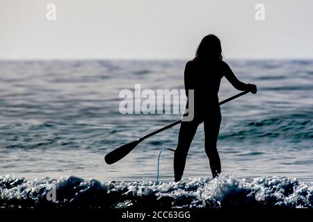 Silhouette de surfeurs dans la mer Méditerranée au coucher du soleil . Photographié sur la plage de Beit Yanai, Israël Banque D'Images