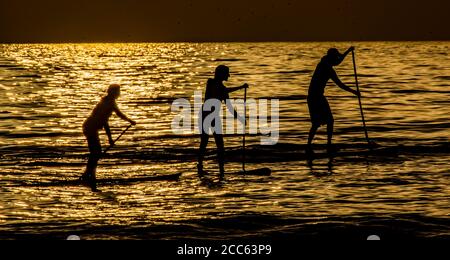 Silhouette de surfeurs dans la mer Méditerranée au coucher du soleil . Photographié sur la plage de Beit Yanai, Israël Banque D'Images