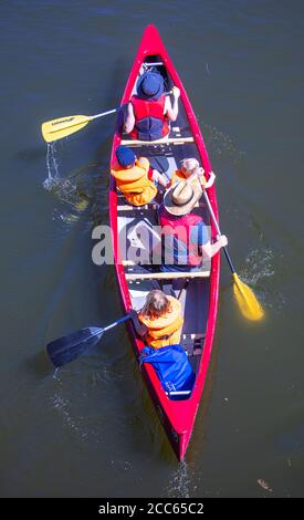 06 août 2020, Mecklembourg-Poméranie occidentale, Diemitz : une pagaie familiale dans le district du lac de Mecklembourg. Des milliers de vacanciers voyagent actuellement dans le district du lac de Mecklembourg en bateau, en vélo ou en randonneurs. Photo: Jens Büttner/dpa-Zentralbild/ZB Banque D'Images