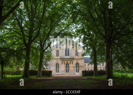 Chemin bordé d'arbres menant à l'abbaye bénédictine de Bec Hellouin, Normandie, France Banque D'Images
