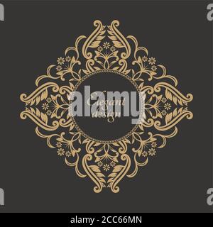 Motif arabe carré. Décoration baroque Rhombus. Cadre vintage. Carte de vœux. Invitation de mariage. Style rétro. Modèle de logo vectoriel, étiquettes et badge Illustration de Vecteur