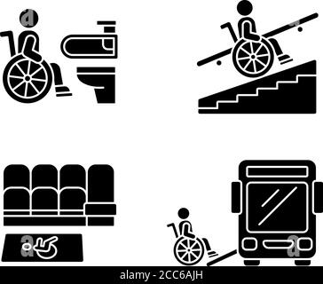 Les fauteuils roulants sont équipés d'icônes en glyphe noir placées sur un espace blanc Illustration de Vecteur