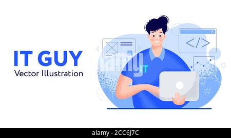 Un INFORMATICIEN avec un ordinateur portable, un développeur, un concepteur, un architecte de solution ou un conseiller technique. Jeune homme souriant heureux dans des lunettes avec ordinateur dans les mains, plat Illustration de Vecteur