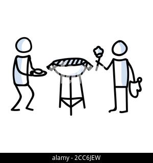 Stickman dessiné à la main camping cuisine barbecue concept. Simple de vacances en plein air Doodle icône pour la staycation, famille voyage aventure clipart. Escapade simple Illustration de Vecteur