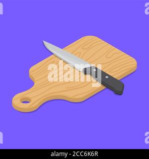 Couteau et planche pour couper sur fond isolé. Accessoire de cuisine.3D. Illustration du vecteur isométrique. Style plat. Éléments de conception. Illustration de Vecteur