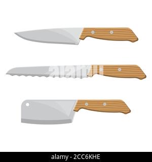 Un ensemble de couteaux de cuisine sur le fond isolé. Outils de coupe avec la poignée en bois. Éléments de conception. Illustration vectorielle de style plat Illustration de Vecteur