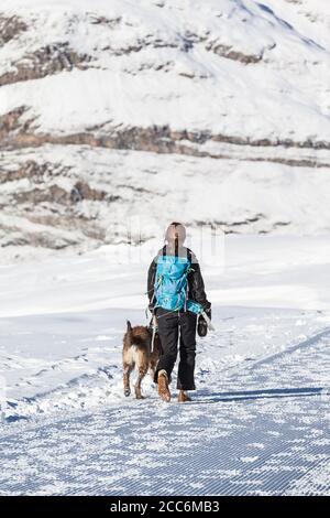 Zermatt, Suisse - 31 décembre 2014 - une femme qui marche avec son chien par une journée ensoleillée en hiver sous le Cervin à Zermatt, en Suisse Banque D'Images