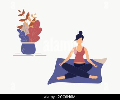 Femme enceinte assise avec ses jambes croisées sur le sol et méditant. Jeune femme en posture de yoga faisant de la méditation, pratique de la pleine conscience Illustration de Vecteur