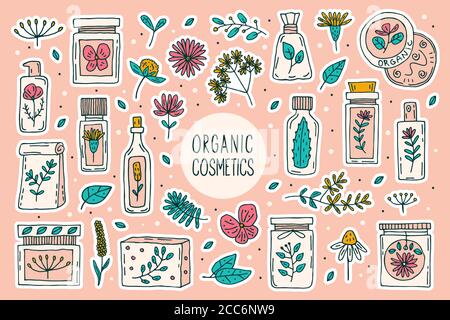 Cosmétiques naturels biologiques avec plantes doodle clipart vecteur, grand ensemble d'éléments. Isolé sur fond rose. Ingrédients bio, écologiques, nat Illustration de Vecteur