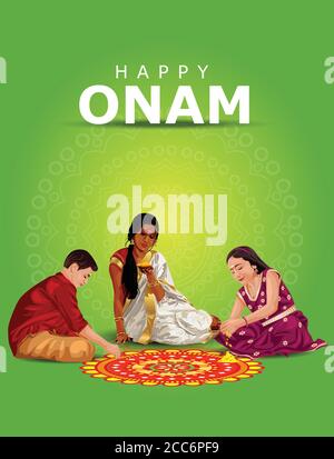 illustration vectorielle de message d'accueil happy onam. illustration d'une femme qui fait du pookalam pour les enfants Illustration de Vecteur