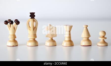 Les six pièces d'échecs blanches d'une rangée sur blanc arrière-plan Banque D'Images