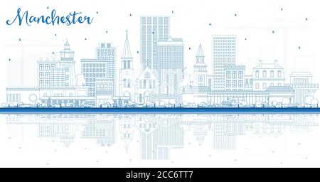 Outline Manchester New Hampshire City Skyline avec Blue Buildings and Reflections. Illustration vectorielle. Illustration de Vecteur