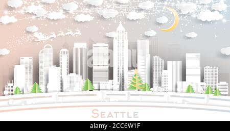 Seattle Washington USA City Skyline en papier coupé avec flocons de neige, Lune et Neon Garland. Illustration vectorielle. Concept Noël et nouvel an. Illustration de Vecteur