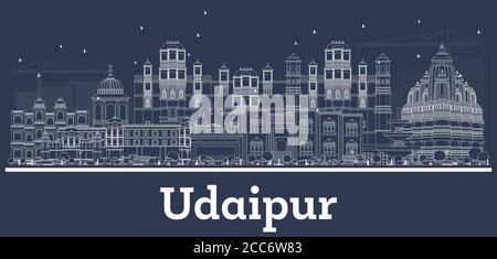 Outline Udaipur India City Skyline avec White Buildings. Illustration vectorielle. Voyages d'affaires et concept avec architecture historique. Illustration de Vecteur