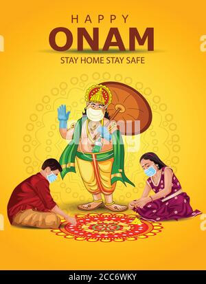 happy onam salutations illustration vectorielle. illustration de la fabrication de pookalam pour enfants avec mahabali. corona virus covid -19 concept Illustration de Vecteur