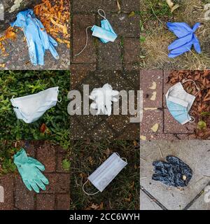 3x3 montage de masques et de gants de protection individuelle EPI jetés. Au cours de la période de verrouillage, il y a eu une énorme augmentation de littering comme u Banque D'Images