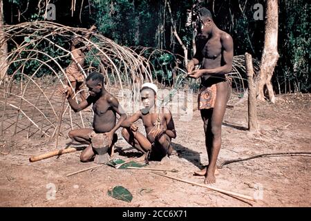 ANNÉES 1950 QUATRE HOMMES PYGMÉES CONSTRUISENT UN CADRE POUR UN ABRI DE CABANE À FEUILLES ET PRÉPARER LE POISON DES FLÈCHES EN AFRIQUE DU CONGO BELGE - KR3976 LAN001 HARS AFRIQUE ACCUEIL VIE PRÉPARATION COPIE ESPACE PERSONNES DE PLEINE LONGUEUR VILLAGE MÂLES CHASSE HUNTER ABRI FLÈCHES FEUILLE ET HUTTE SOCIÉTÉ FORÊT TROPICALE BELGE DANS LES PEUPLES STATURE TRIBU BASSIN INDIGÈNES CONGO LA COOPÉRATION PYGMÉE DIMINUTIVE CADRE CHASSEURS JUVÉNILES PRIMITIFS INDIGÈNES VIEUX À LA MODE Banque D'Images