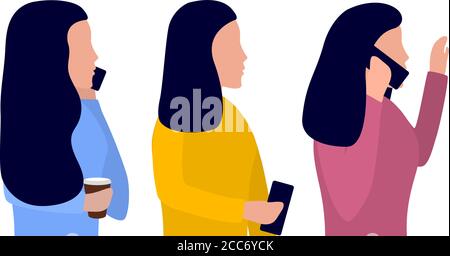 Femme avec un téléphone dans sa main, parlant au téléphone. Ensemble d'illustrations vectorielles sur le thème des communications mobiles, conception plate Illustration de Vecteur