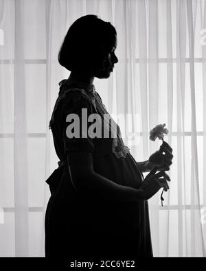 SILHOUETTE DES ANNÉES 1970 D'UNE FEMME AFRO-AMÉRICAINE ENCEINTE TENANT UNE FLEUR CARNATION - S20964 HAR001 HARS ÉQUILIBRE JOIE VIE SATISFACTION PARENT CÉLÉBRATION FEMMES STUDIO PRISE DE VUE SANTÉ MAISON VIE COPIE ESPACE DEMI-LONGUEUR FEMMES PERSONNES INSPIRATION SÉRÉNITÉ SPIRITUALITÉ CONFIANCE B&W TRISTESSE PERSONNES ENCEINTES HISTOIRE DE RÊVES MATERNELS BONHEUR BIEN-ÊTRE SILHOUETTED AFRO-AMÉRICAINS AFRO-AMÉRICAIN EXPECTANT EXPECTANT MÈRE NOIRE ETHNIE MATERNITÉ FIERTÉ CONCEPTUELLE MATERNITÉ CARNATION ATTEND LA CROISSANCE ADULTE MOYEN FEMME ADULTE MOYEN MAMAN JEUNE FEMME ADULTE NOIR ET BLANC HAR001 À L'ANCIENNE Banque D'Images