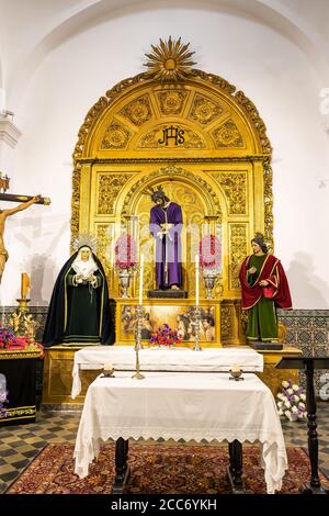 Huelva, Espagne - 17 août 2020 : Jésus à mains liées (captif) dans la paroisse notre-Dame du repos (Parroquia de Nuestra Senora del Reposo) à Valverde d Banque D'Images