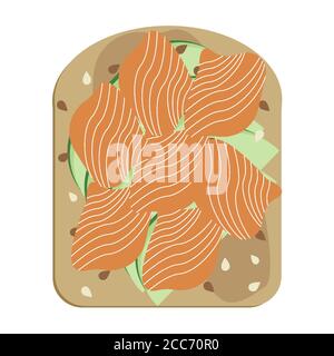 Toast à l'avocat avec illustration vectorielle d'œuf poché et de saumon. Tranches d'avocat sur pain grillé, sandwich vegan avec lox fumé et graines de sésame Illustration de Vecteur