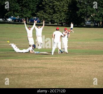 Une équipe de cricket amateur jouant sur un village vert, Lindfield, West Sussex, Angleterre, Royaume-Uni Banque D'Images