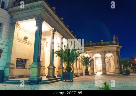 Le Mill Colonnade Mlynska kolonada, bâtiment néo-Renaissance avec colonnes et sources d'eau chaude dans la ville thermale Karlovy Vary Carlsbad centre-ville historique, vue nocturne, Bohême de l'Ouest, République Tchèque Banque D'Images