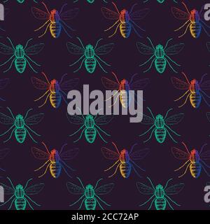 Motif sans couture avec mouches colorées sur fond sombre. Illustration de Vecteur