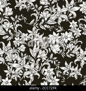 Motif sans couture avec fleurs vintage dessinées à la main. Illustration vectorielle. Illustration de Vecteur