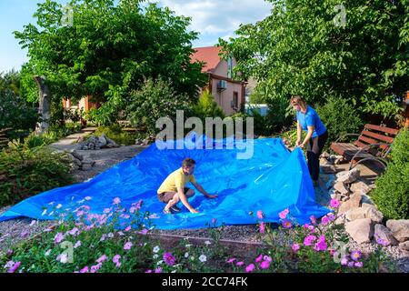 La famille pose une feuille de plastique HDPE bleue sur le sol pour installer un étang à poissons Banque D'Images