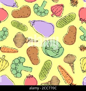Motif légumes sans couture. Pommes de terre et chou, poivrons et carottes, aubergines et oignons Illustration de Vecteur