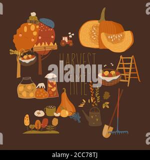 Ensemble de temps de récolte de dessin animé. Bonjour automne Illustration de Vecteur