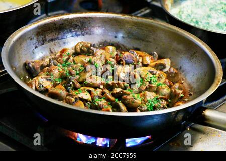 faire sauter les champignons de paris dans une casserole Banque D'Images