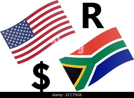 Illustration du vecteur de paire de devises forex USDZAR. Drapeau américain et sud-africain, avec symbole Dollar et Rand. Illustration de Vecteur