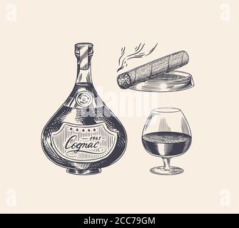 Bouteille de Cognac, gobelet en verre et cigare. Dessin vintage gravé à la main. Style de coupe de bois. Illustration vectorielle. Illustration de Vecteur