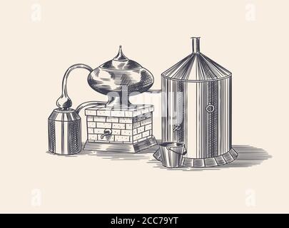 Alcool distillé. Dispositif de préparation de la tequila, du cognac et des spiritueux. Dessin vintage gravé à la main. Style de coupe de bois. Illustration vectorielle du menu Illustration de Vecteur